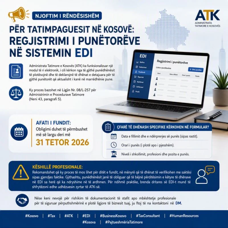 Njoftim informues për regjistrimin e punëtorëve në Sistemin EDI të Administratës Tatimore të Kosovës.